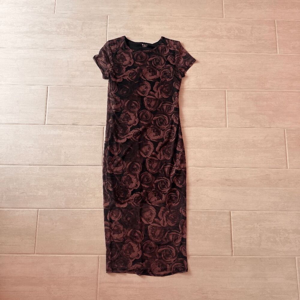Vintage Y2K No Boundaries Black Purple Rose Print Mesh Bodycon Dress M (8-10)